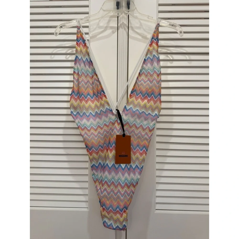 Missoni Mare Women Multicolor Zigzag Knit Deep V-Neck One-Piece Swimsuit NEW